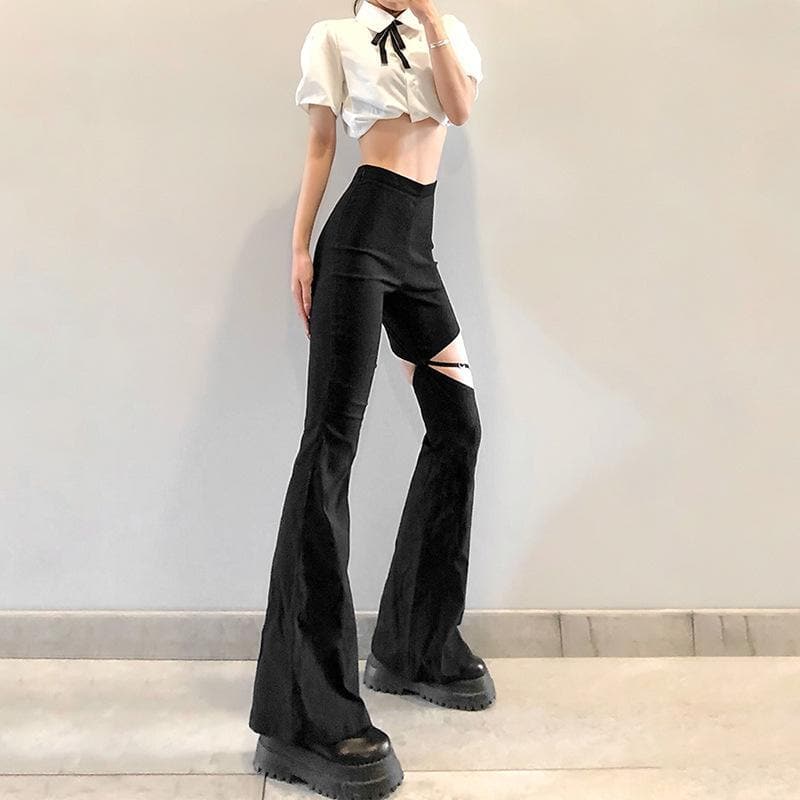 Zip up hollow out flared solid pant