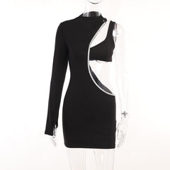 Beaded irregular button gloves hollow out long sleeve mini dress