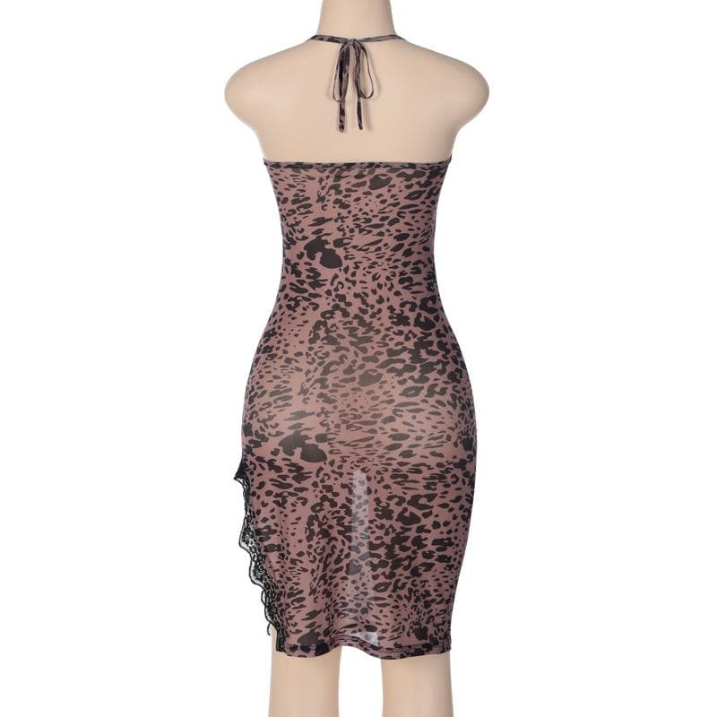 Leopard print contrast lace hem halter slit mini dress