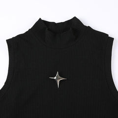 Star applique irregular sleeveless high neck crop top