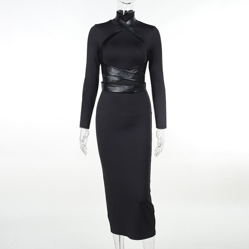 Cross front solid long sleeve PU leather high neck slit midi dress