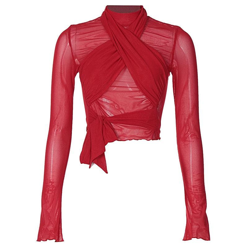 Long sleeve high neck cross front mesh ruched ruffle top