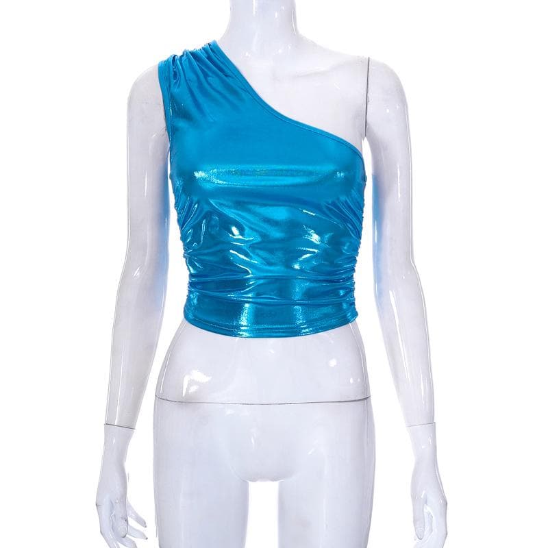 Irregular ruched metallic one shoulder crop top