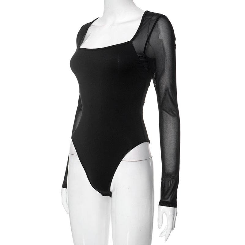 Langärmliger Bodysuit aus einfarbigem Mesh mit quadratischem Ausschnitt und Patchwork