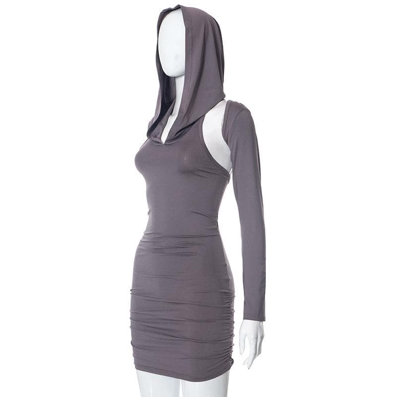 Hoodie ruched shrug long sleeve solid mini dress