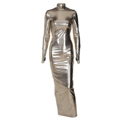 Metallic-Maxikleid mit langen Ärmeln, hohem Kragen und Handschuhen, rückenfrei und gerüscht