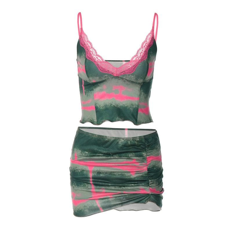 Tie dye v neck lace hem ruched cami mini skirt set - Final Sale