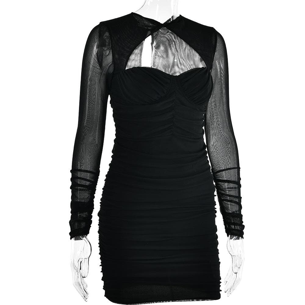 Hollow out ruched mesh long sleeve zip-up button mini dress