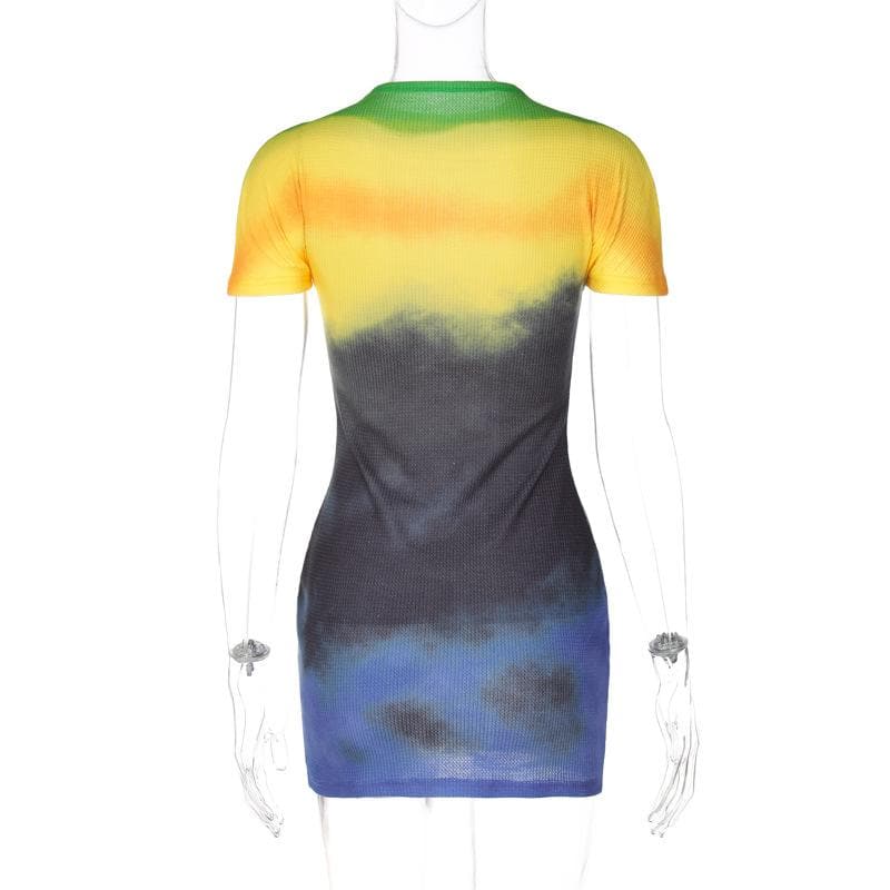 Tie dye contrast short sleeve crewneck mini dress