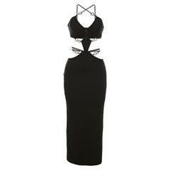 Cross front hollow out o ring backless low cut maxi dress