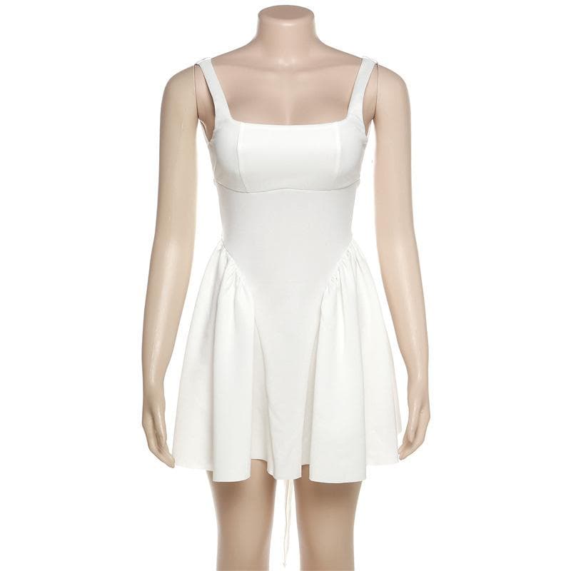 Ruched solid sleeveless square neck bowknot backless mini dress