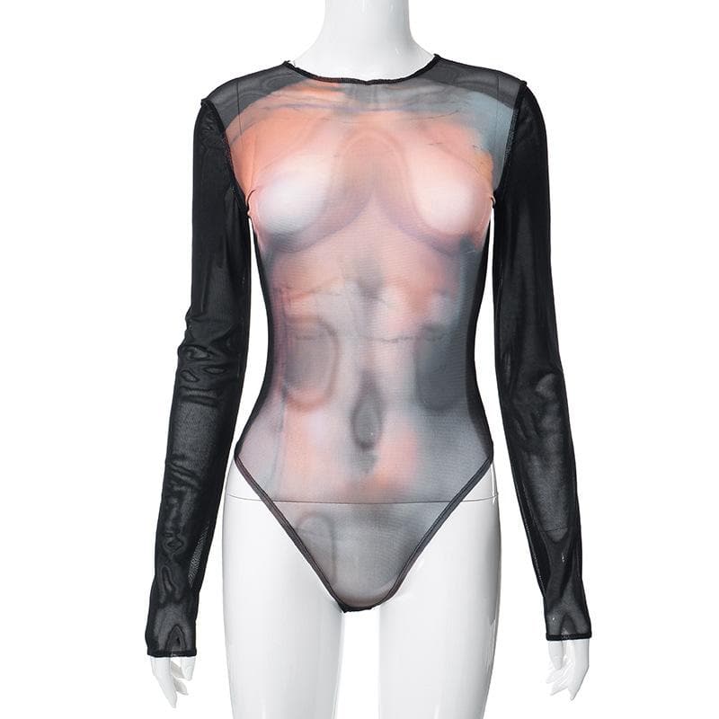 Body print contrast sheer mesh long sleeve see through bodysuit