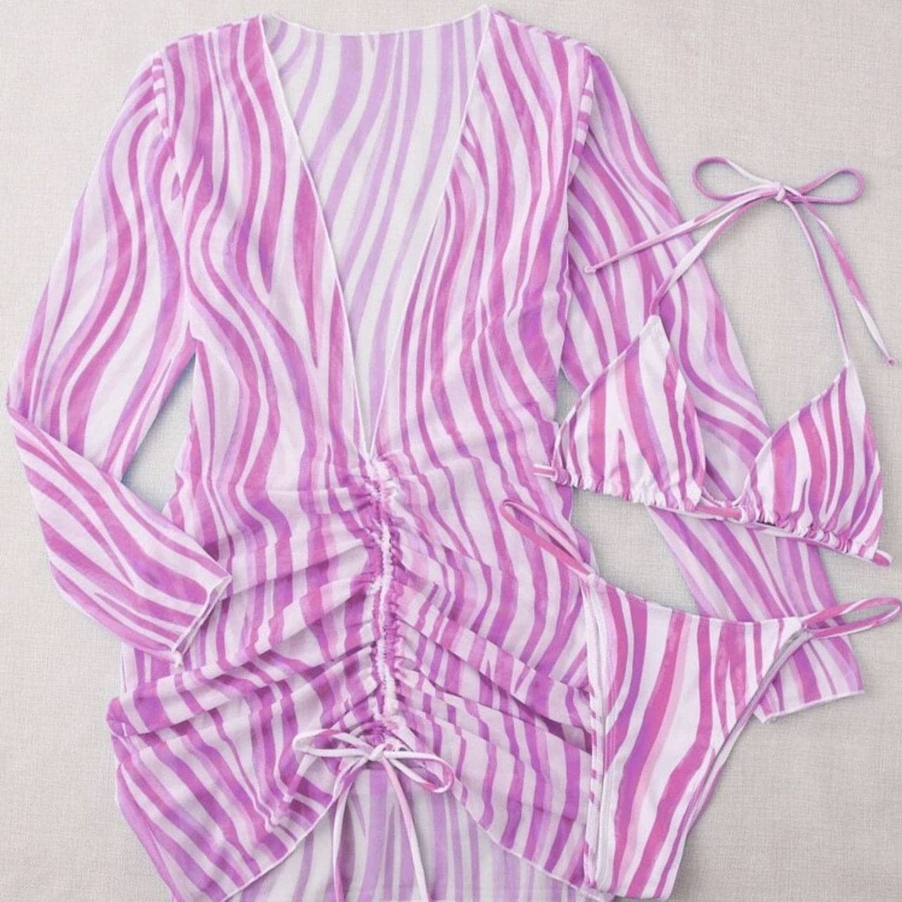 Zebra contrast long sleeve padded self tie 3 piece swimwear