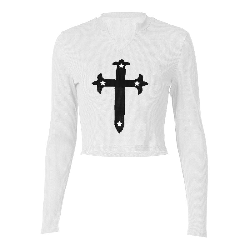 Long sleeve notch neck contrast cross pattern textured crop top