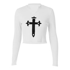 Long sleeve notch neck contrast cross pattern textured crop top