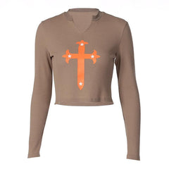 Long sleeve notch neck contrast cross pattern textured crop top