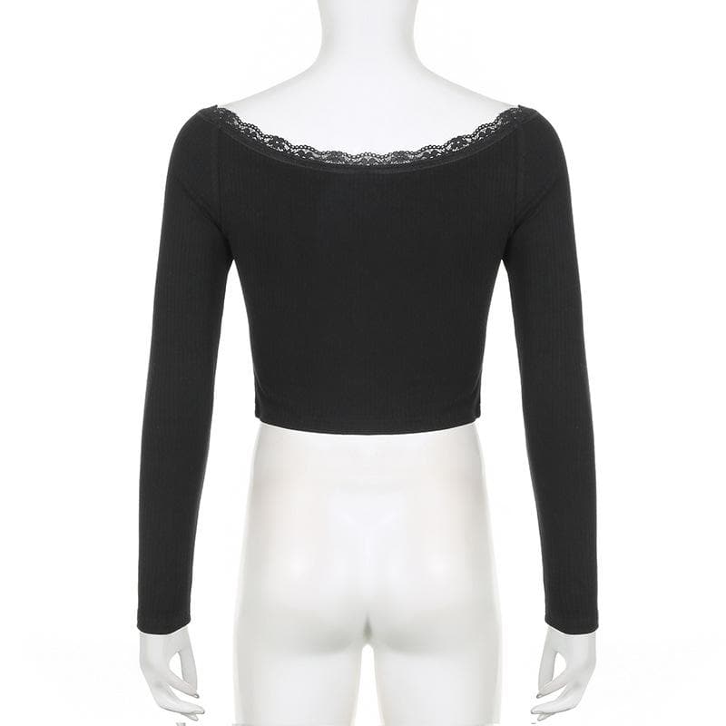 Ribbed lace hem bowknot round neck long sleeve solid top