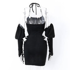 Hollow out solid halter metal chain gloves backless self tie mini dress - Final Sale