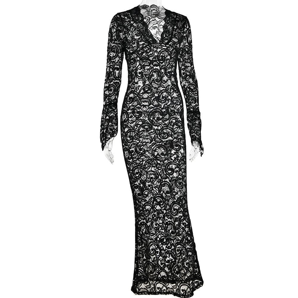 Lace see through long sleeve v neck solid maxi dress