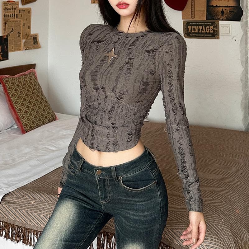 Ruched long sleeve textured star applique crewneck crop top