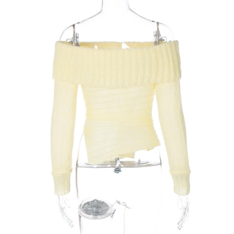 Long sleeve off shoulder bowknot ribbon ruffle ribbed knitted top