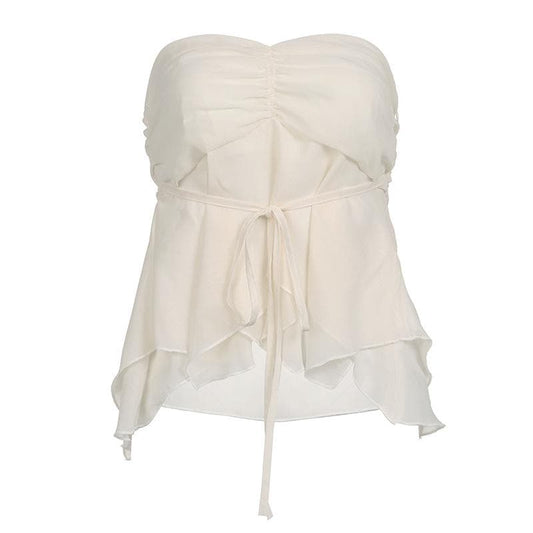 Chiffon ruched solid self tie zip-up backless tube top