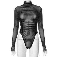 High neck see through long sleeve sheer mesh bodysuit