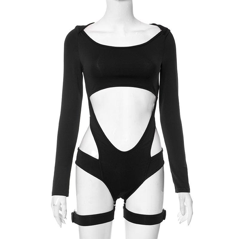 Ausgehöhlter Bodysuit mit langen Ärmeln und Reißverschluss sowie Knopf- und Schnallenverschluss 