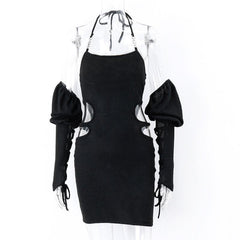 Hollow out solid halter metal chain gloves backless self tie mini dress - Final Sale