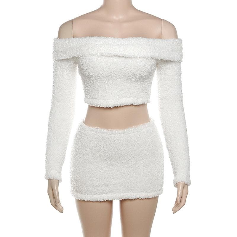 Fluffy solid off shoulder long sleeve mini skirt set