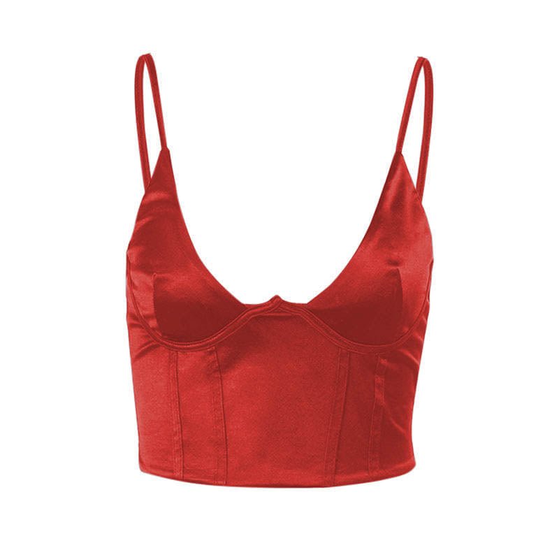 Tief ausgeschnittenes, einfarbiges Camisole-Crop-Top aus Satin