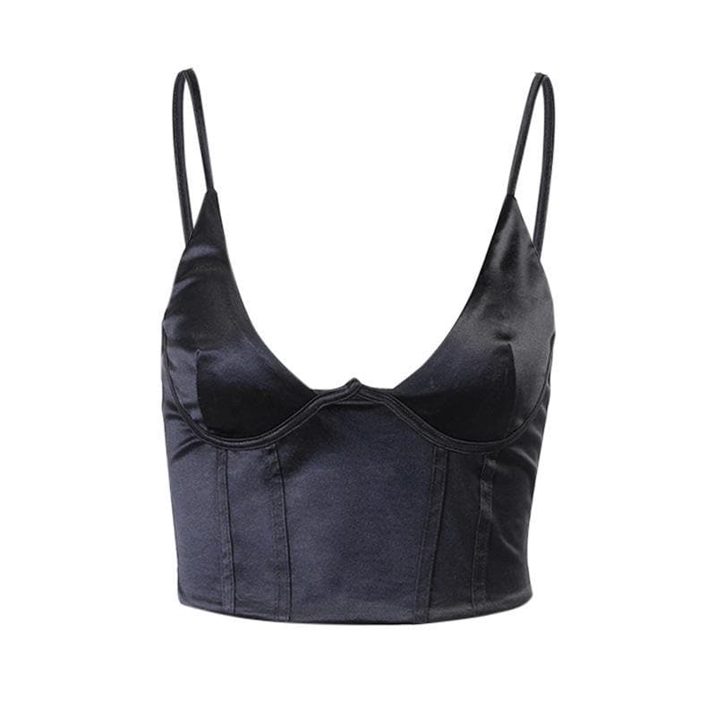 Tief ausgeschnittenes, einfarbiges Camisole-Crop-Top aus Satin