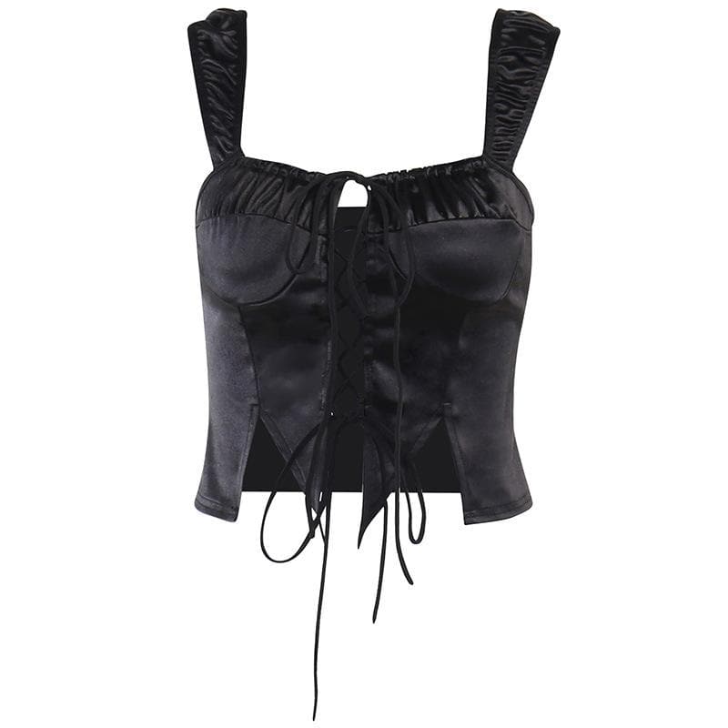 Drawstring ruched solid lace up square neck crop top