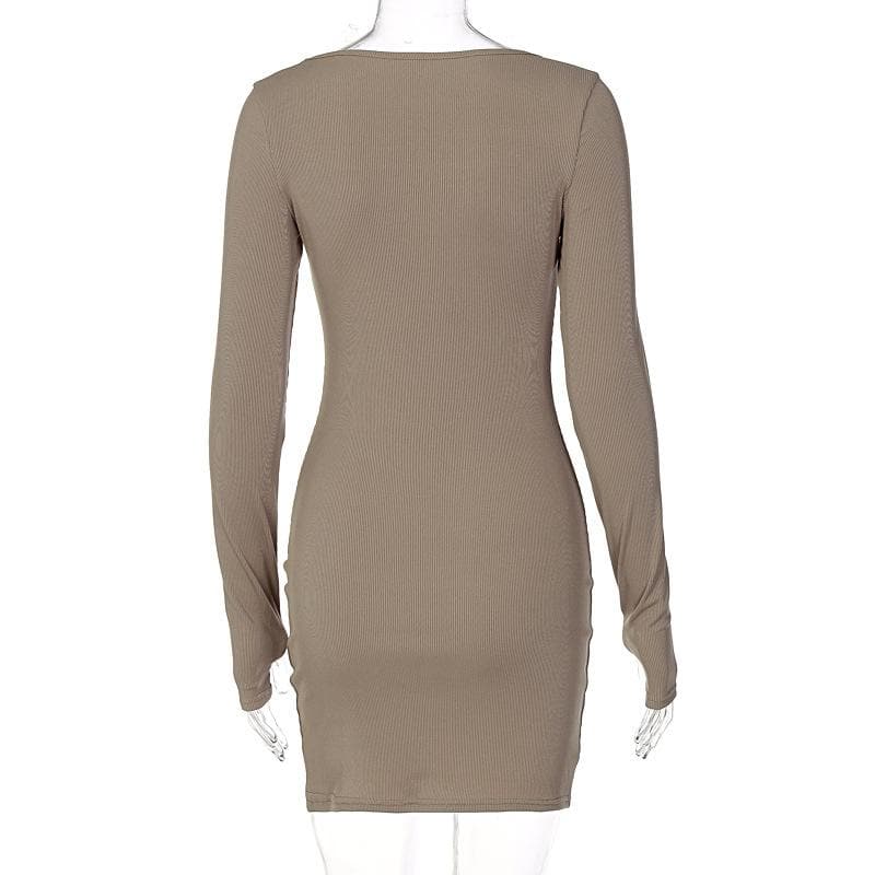 Ribbed solid square neck long sleeve gloves slit mini dress