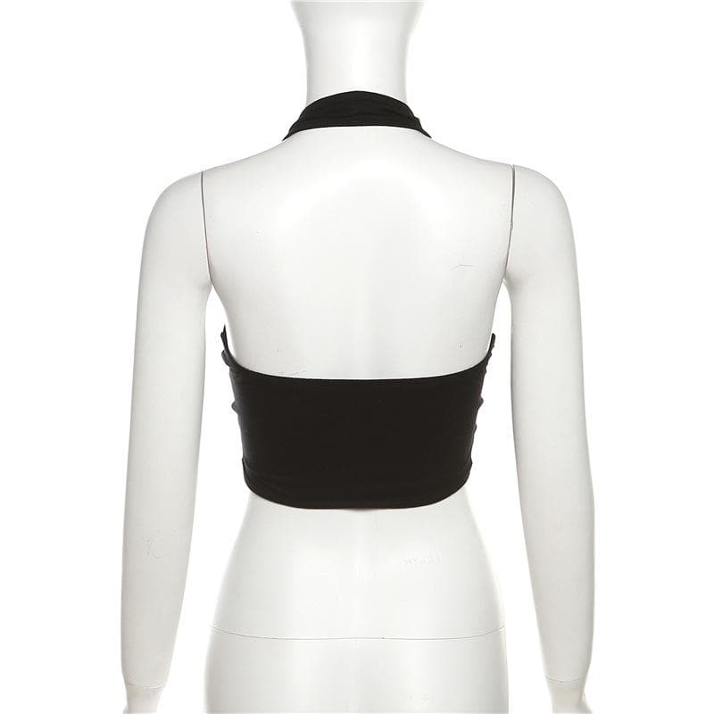 Hollow out halter backless solid cross front crop top