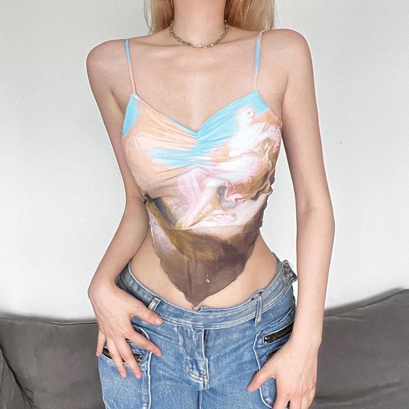 Crop-Top aus Mesh mit abstraktem Kontrast und V-Ausschnitt, gerüschtem Schnitt und Schnürung