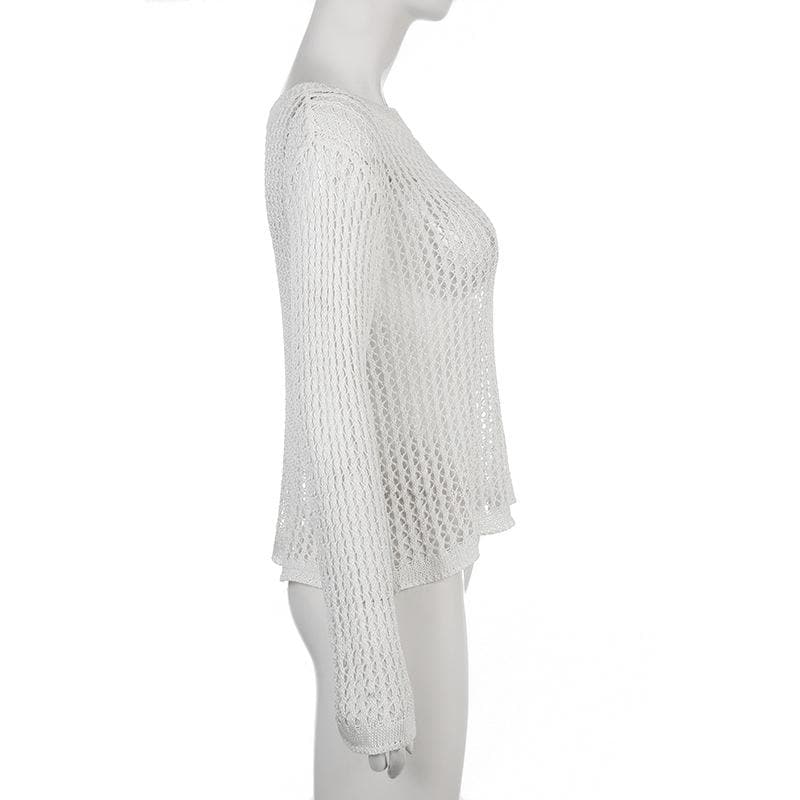 Knitted round neck long sleeve hollow out crochet top