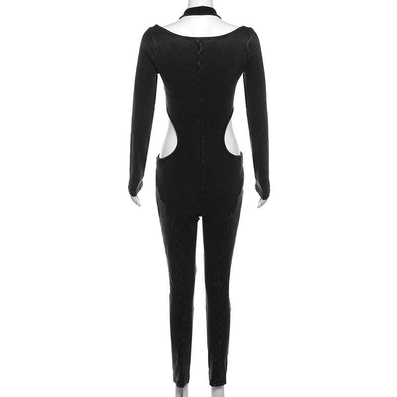 Ribbed hollow out long sleeve halter solid jumpsuit