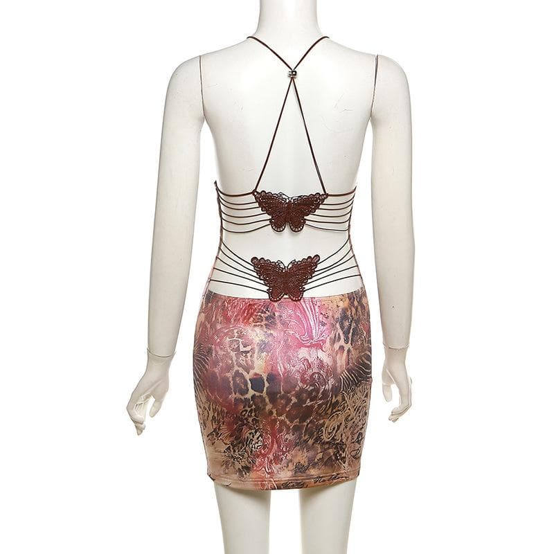 V neck butterfly embroidery backless print cross back cami mini dress