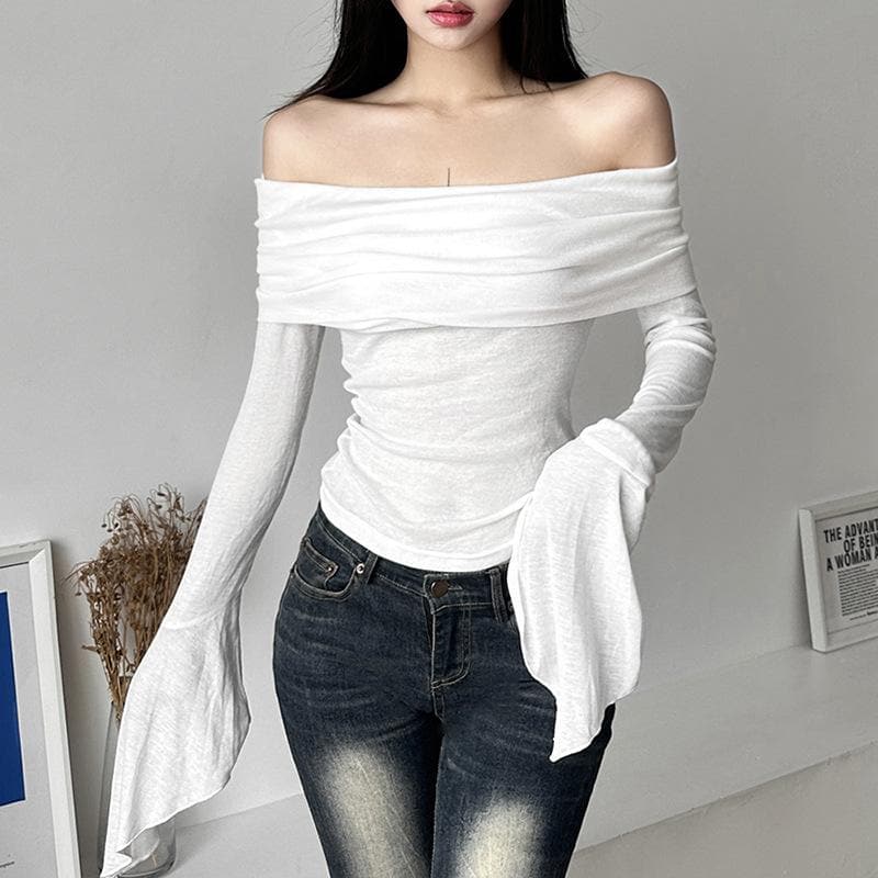 Ruched solid off shoulder long flared sleeve top