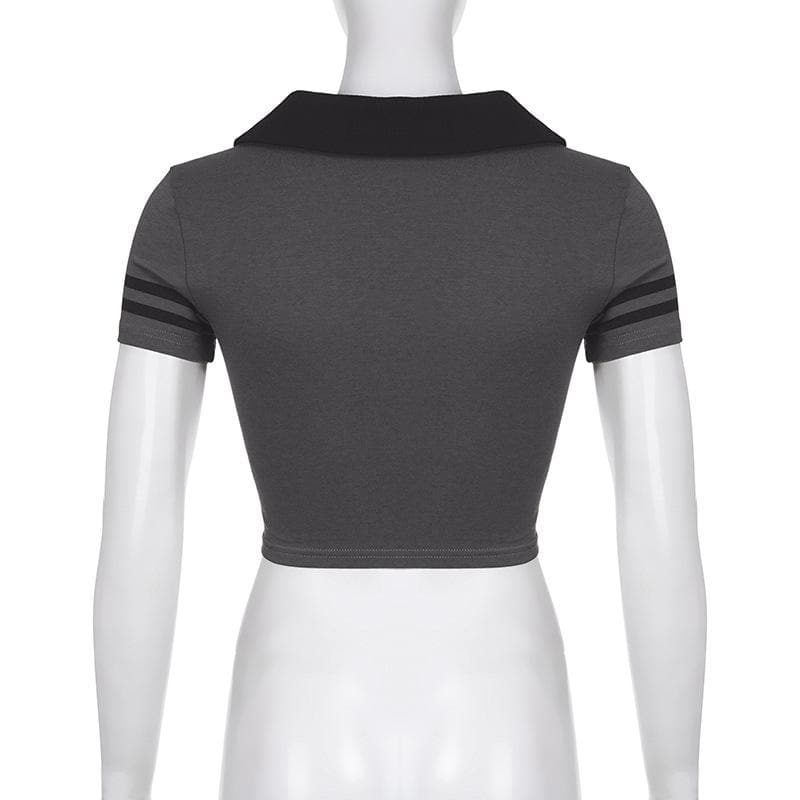 Turnover collar 13 pattern short sleeve contrast crop top