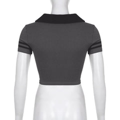 Turnover collar 13 pattern short sleeve contrast crop top