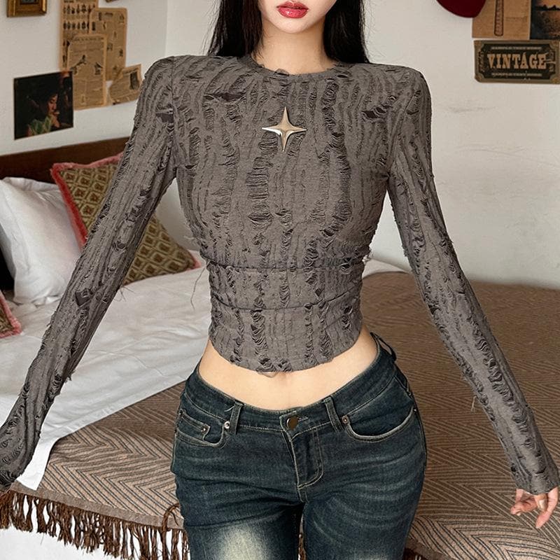 Ruched long sleeve textured star applique crewneck crop top