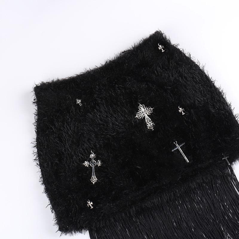 Tassels cross applique fluffy mini skirt