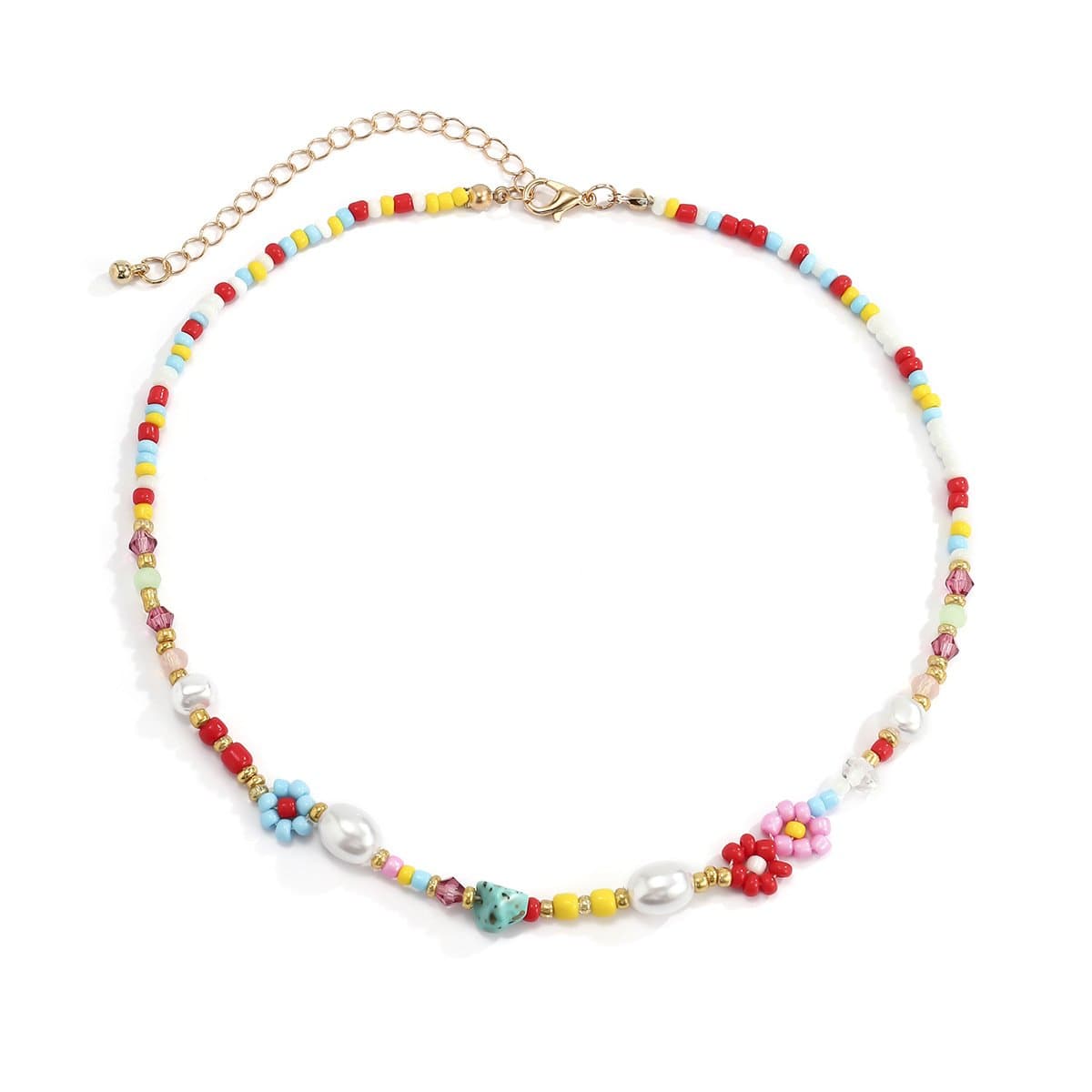 Beaded multicolor faux pearl flower clay choker necklace