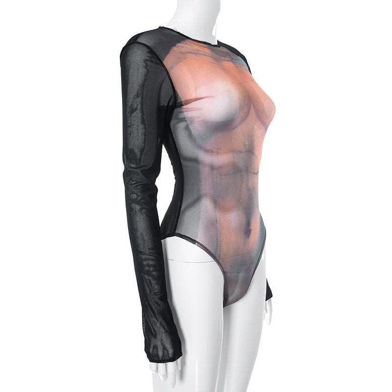 Durchsichtiger Bodysuit mit langärmligem Bodyprint und kontrastierendem transparentem Netzstoff