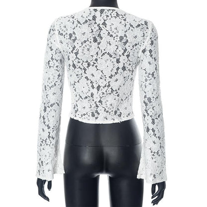 Lace see through self tie solid long sleeve crop top
