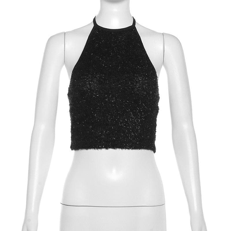 Top corto liso con espalda descubierta, cuello halter texturizado y lazo anudado