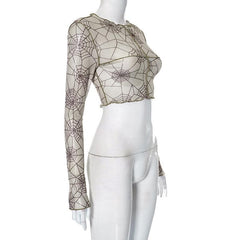 Langärmliges, transparentes Crop-Top aus Netzstoff mit Spinnennetz-Print