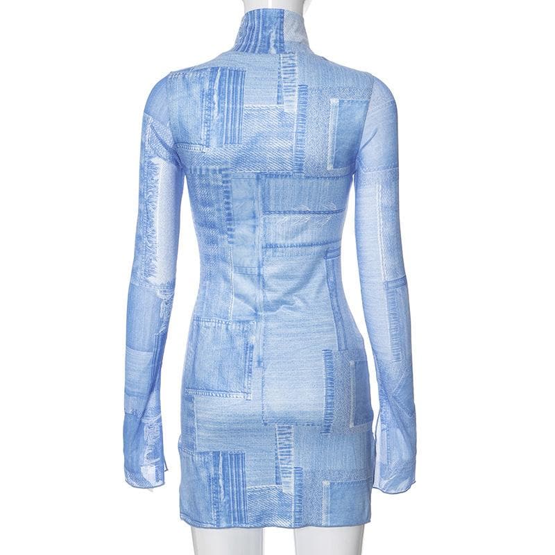 Langärmliges Minikleid mit hohem Halsausschnitt und Schlitz und Denim-Print in Kontrastfarbe